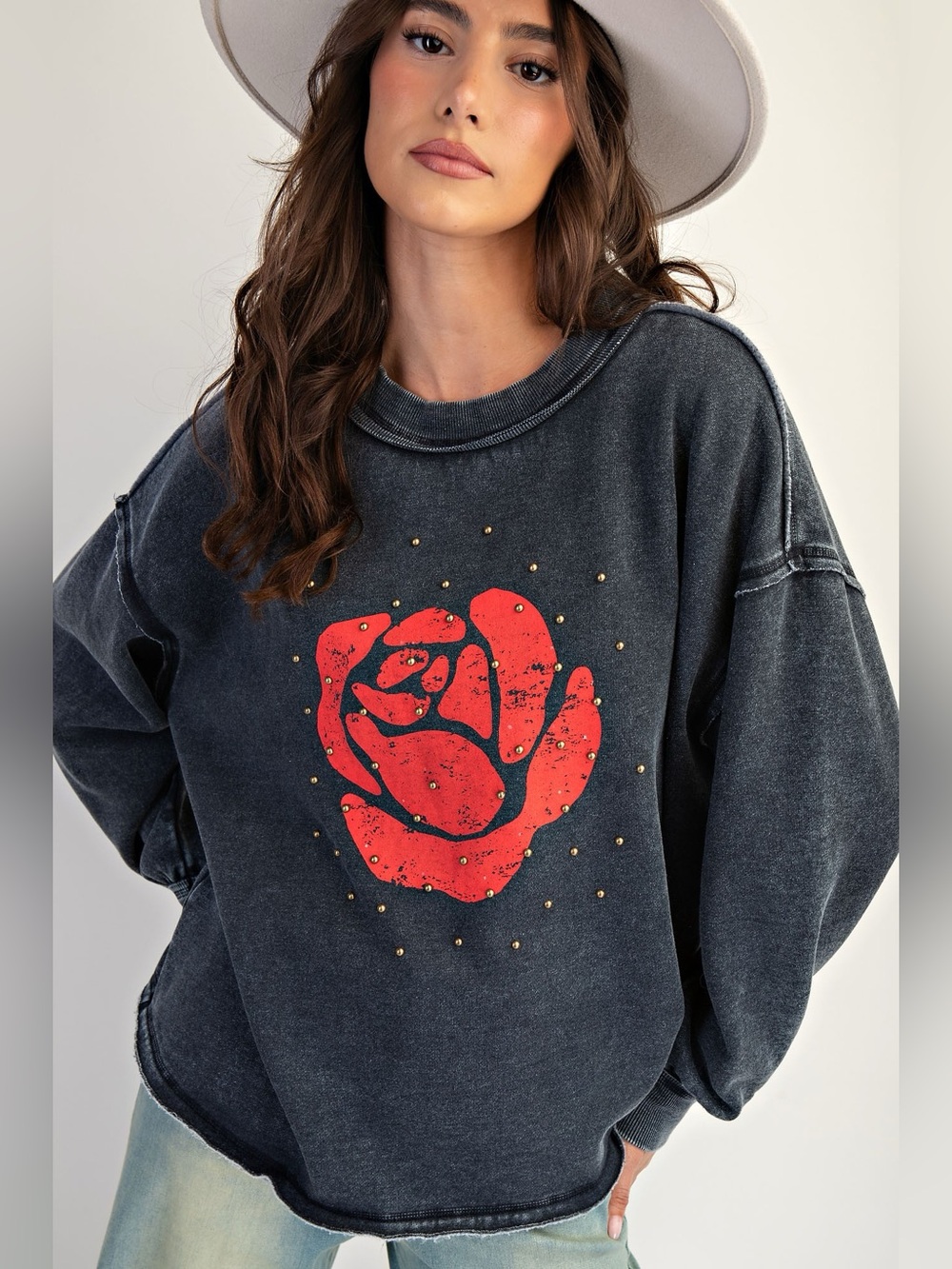215.EASEL black washed red rose studded sweatshirt oversized